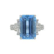 10.08ct Emerald Cut Mozambique Aquamarine and 0.81ct Diamond Ring in Platinum, Size 6.5