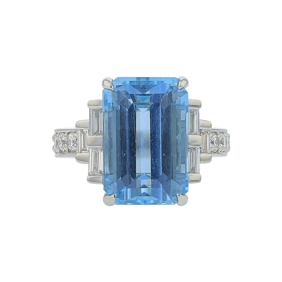 10.08ct Emerald Cut Mozambique Aquamarine and 0.81ct Diamond Ring in Platinum, Size 6.5