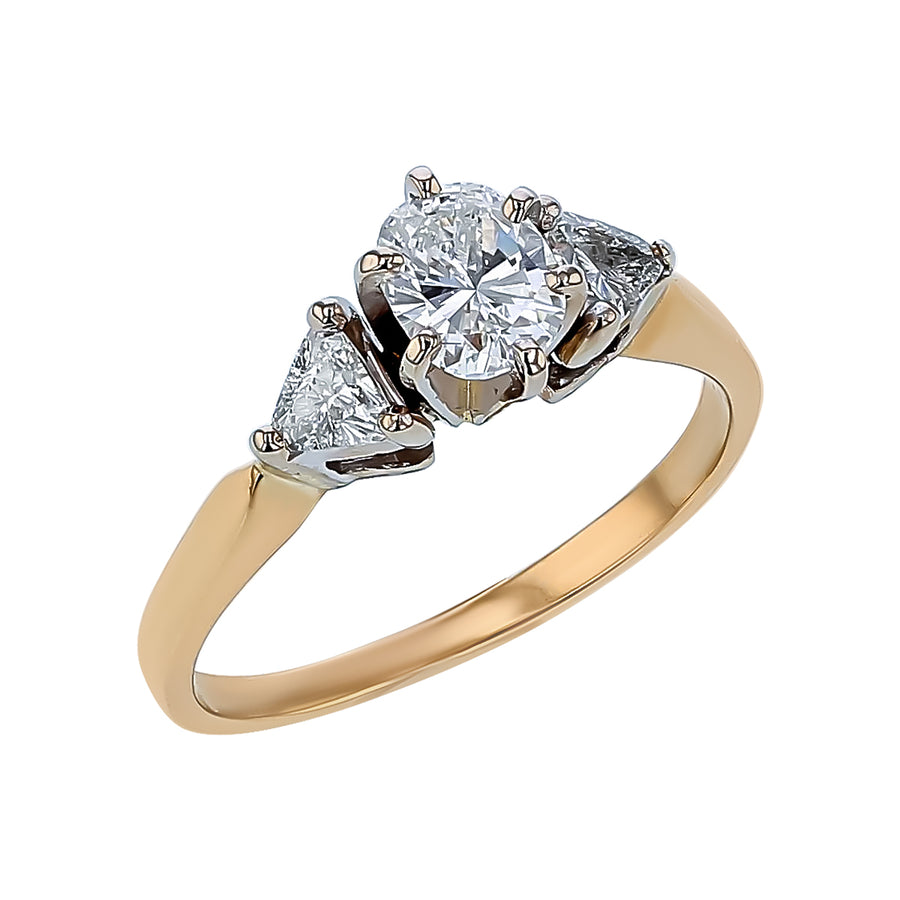 0.49ct Oval Diamond and 0.34ct Trillion Diamond, 3 Stone Ring in 14K Yellow and White Gold, size 5.75