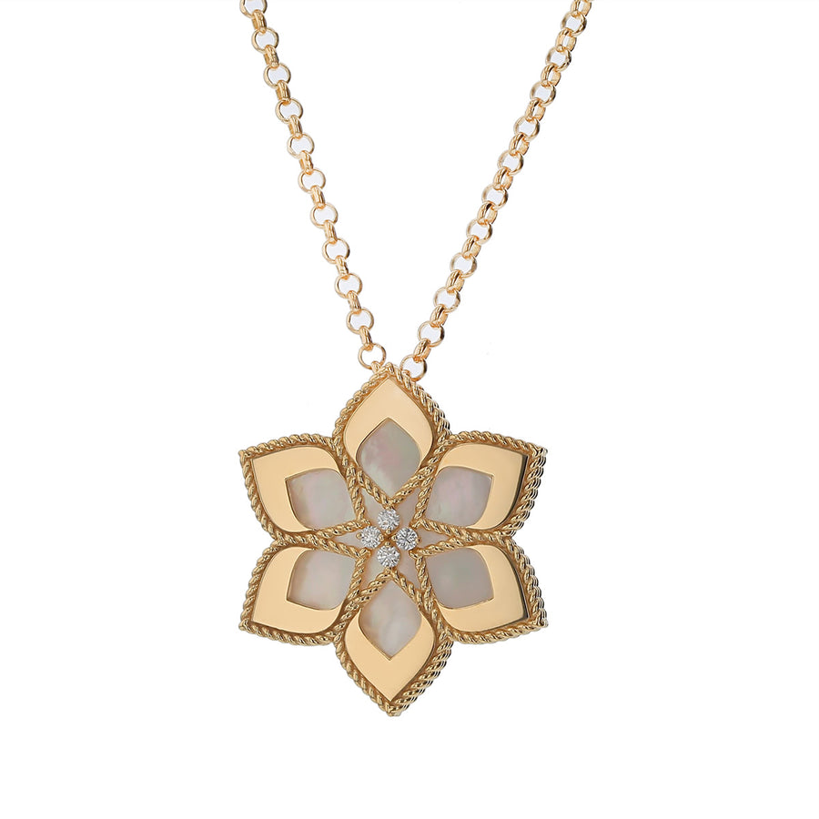 Vernazza 0.05ct Diamond and Mother of Pearl Daisy Pendant in 18K Yellow Gold, 31" chain