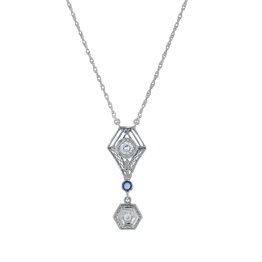 0.20ct OEC Diamond and 0.10ct Sapphire Art Deco Necklace in 18K White Gold, 16"