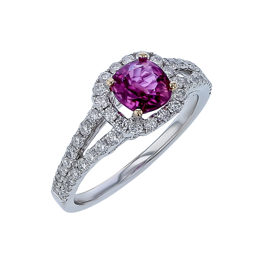 1.16ct Cushion Ruby and 0.68ct Diamond Halo Ring in 18K White Gold, size 6.5