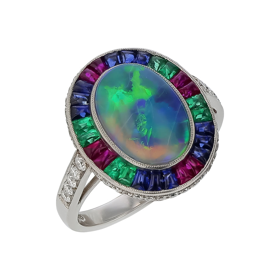 2.21ct Oval Opal, 1.08ct Sapphire, 0.77ct Ruby, 0.46ct Diamond and 0.45ct Emerald Halo Ring in Platinum, Size 6.25