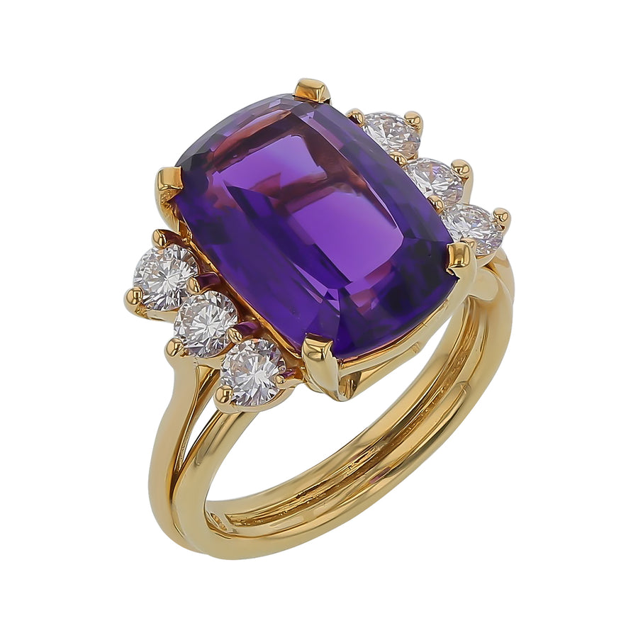 Cushion Amethyst and Diamond Ring in 18K Yellow Gold, Size 6