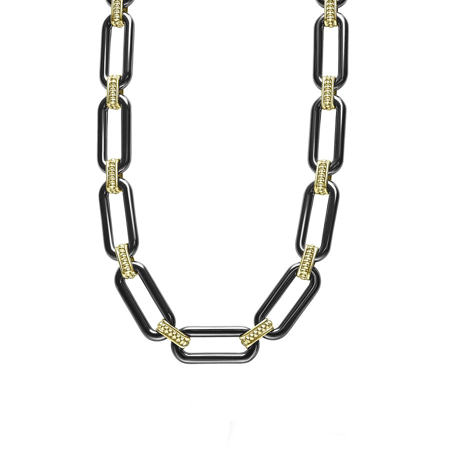 Signature Caviar Oval Link Necklace in 18K Yellow Gold and Black Ceramic, 18in