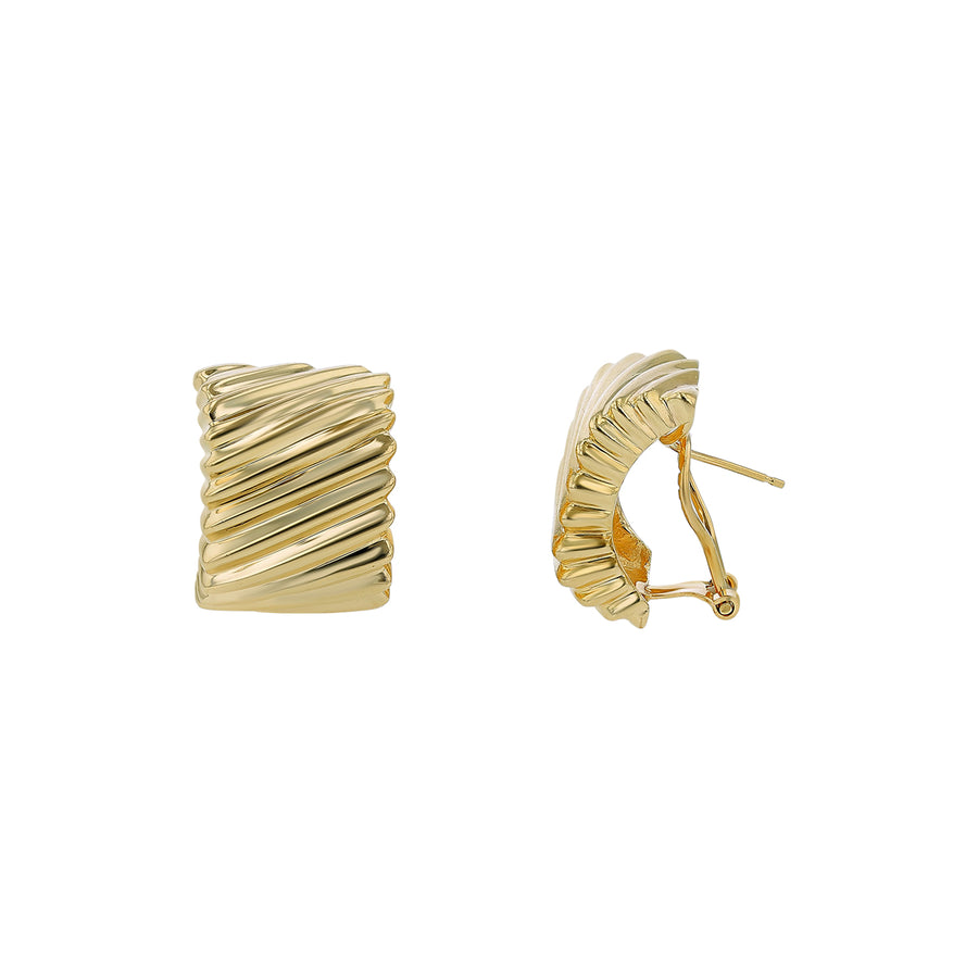 Square Ribbed Wide Earrings in 14K Yellow Gold with Peirced Clipback