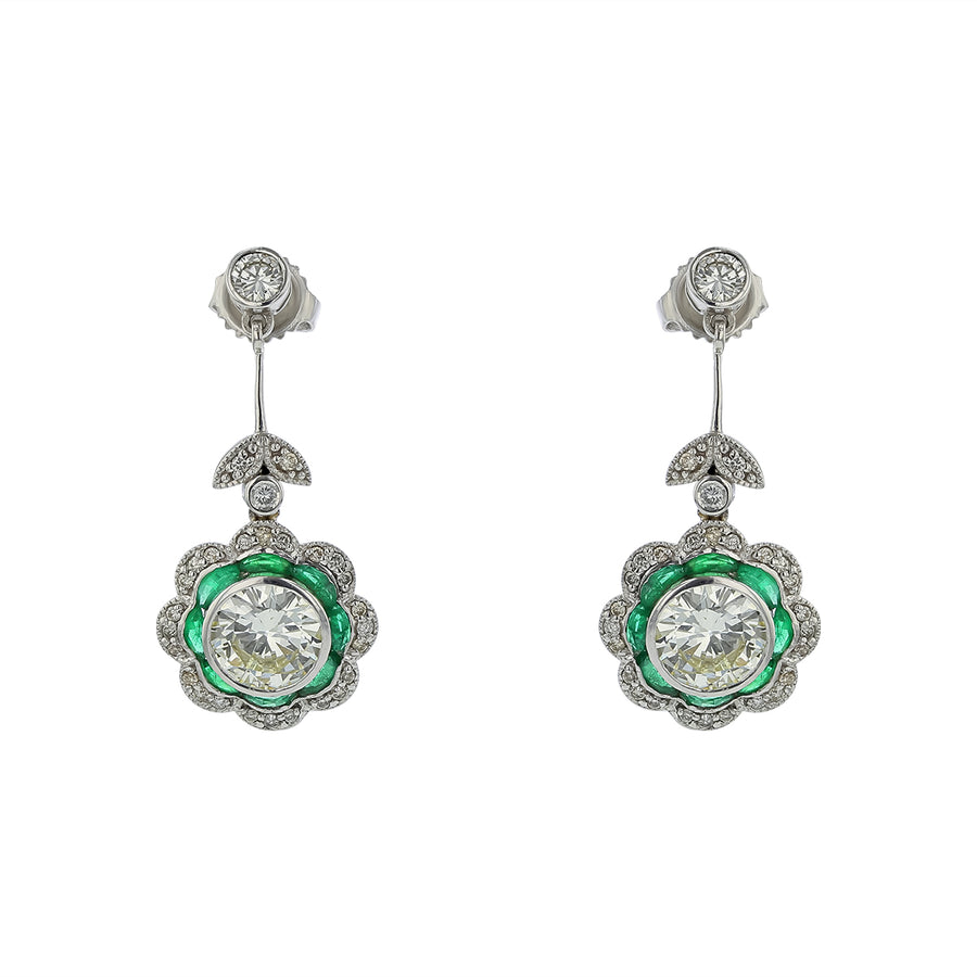 3.54ct Diamond and 1.25ct Emerald Halo Drop Earrings in Platinum