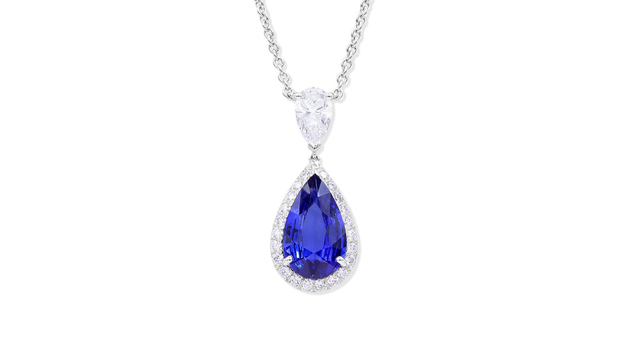 4.03ct Pear Sapphires and 1.77ct Pear and Round Diamond Halo Pendant in Platinum with chain