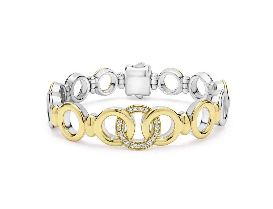 Signature Caviar 0.10ct Diamond Interlocking Taper Link Bracelet in 18K Yellow Gold and Sterling Silver, Size 7