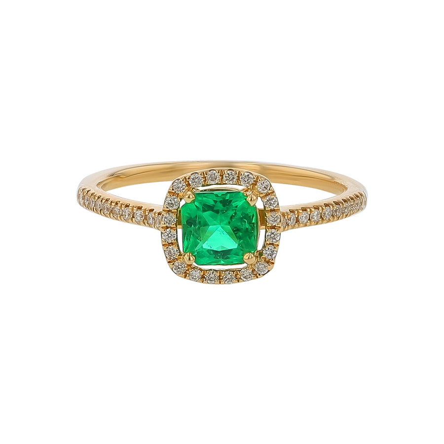 0.57ct Zambian Emerald and 0.15ct Diamond Halo Ring in 14K Yellow Gold, size 6.5