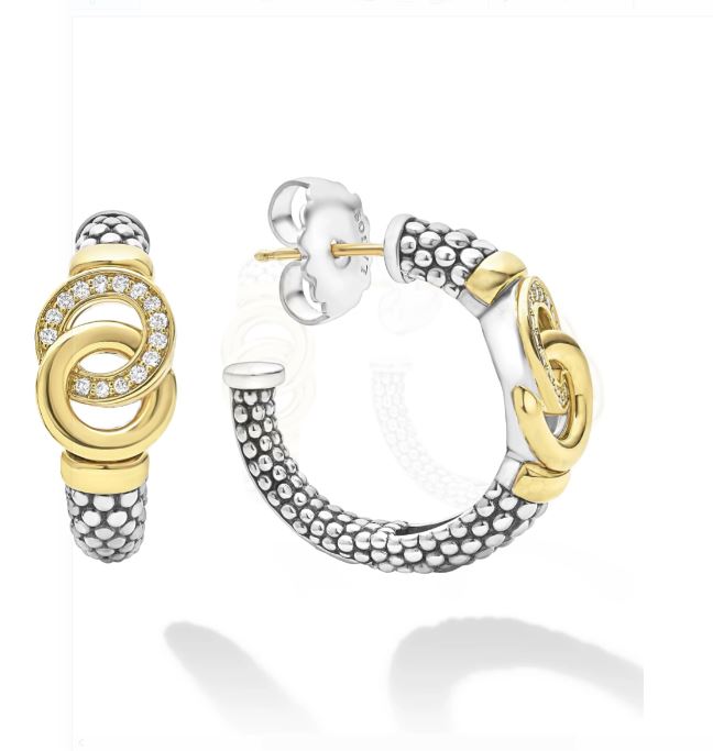 Signature Caviar 0.21Ct Diamond Interlocking Circle Hoop Earrings in 18K Yellow Gold and Sterling Silver