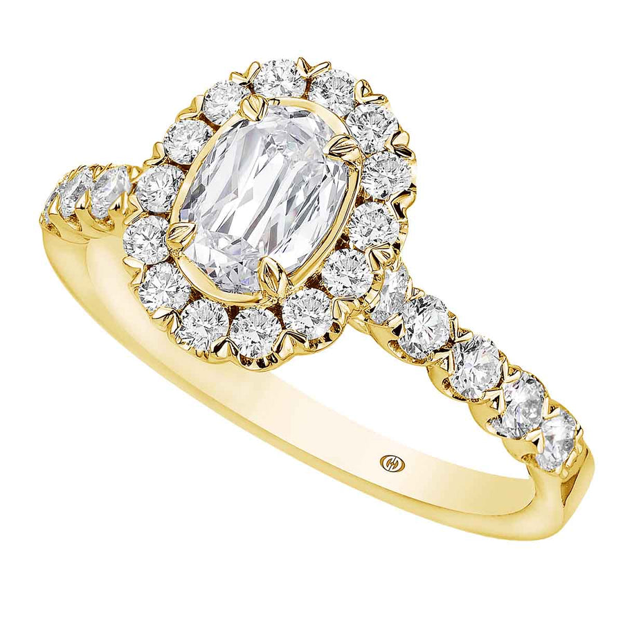 L'Amour 1.16ct Crisscut Oval and Round Diamond Halo Ring in 18K Yellow Gold, size 6.75