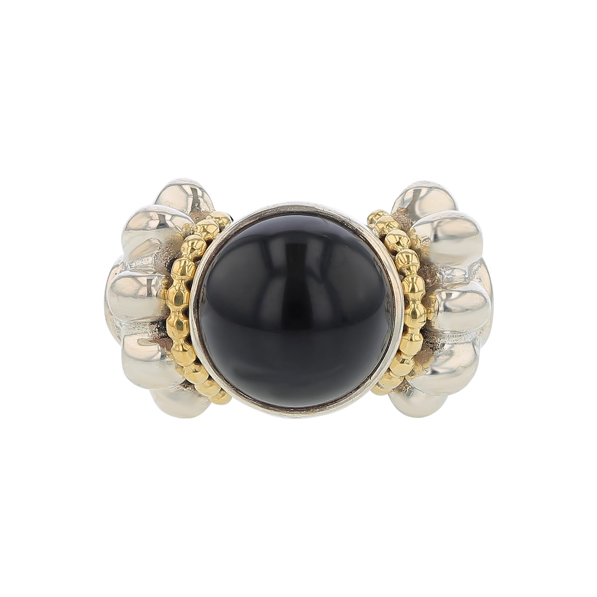 Lagos Caviar Cabachon Onyx Ring in Sterling Silver and 18K Yellow Gold, Size 6.5