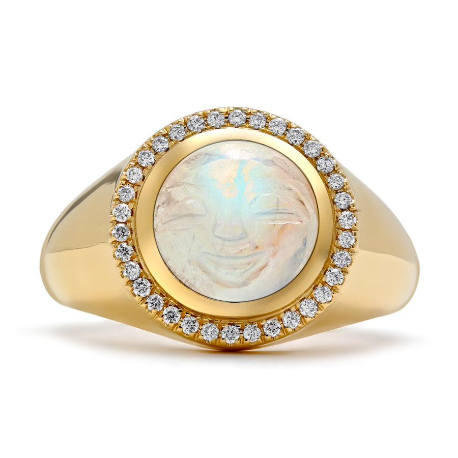 Happy Face Moonstone and Diamond Signet Ring in 18K Yellow Gold, Size 7