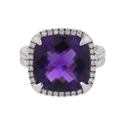 9.60ct Cushion Checkerboard Amethyst 0.28ct Full Cut Diamonds Ring in 14k White Gold, Size 7.5