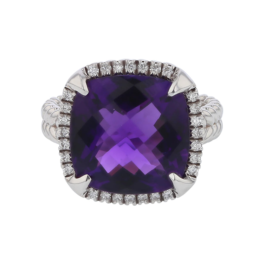 9.60ct Cushion Checkerboard Amethyst 0.28ct Full Cut Diamonds Ring in 14k White Gold, Size 7.5