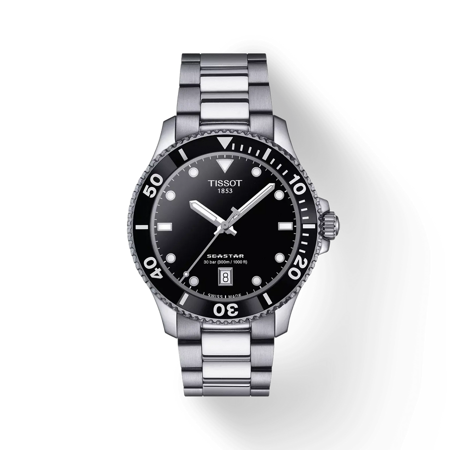 40mm Seastar 1000 Quartz Watch with Black Dial in Stainless Steel, Bracelet