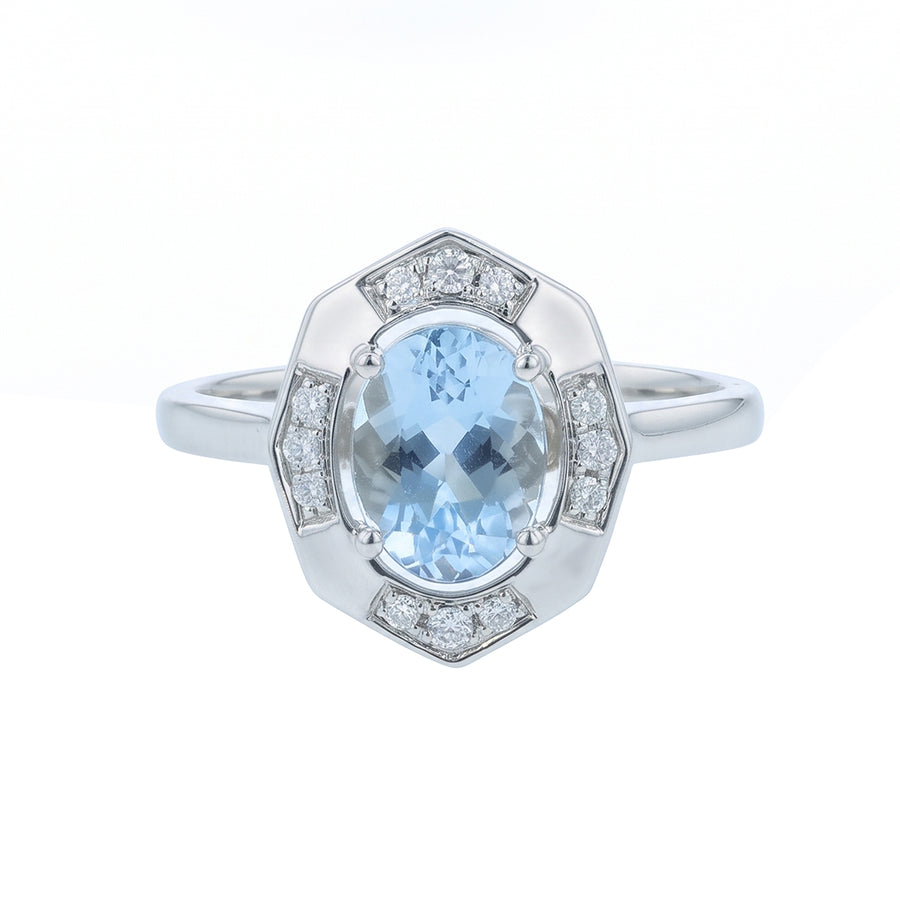1.07ct Oval Aquamarine and 0.10ct Diamond Halo Ring in 14K White Gold, size 6.25