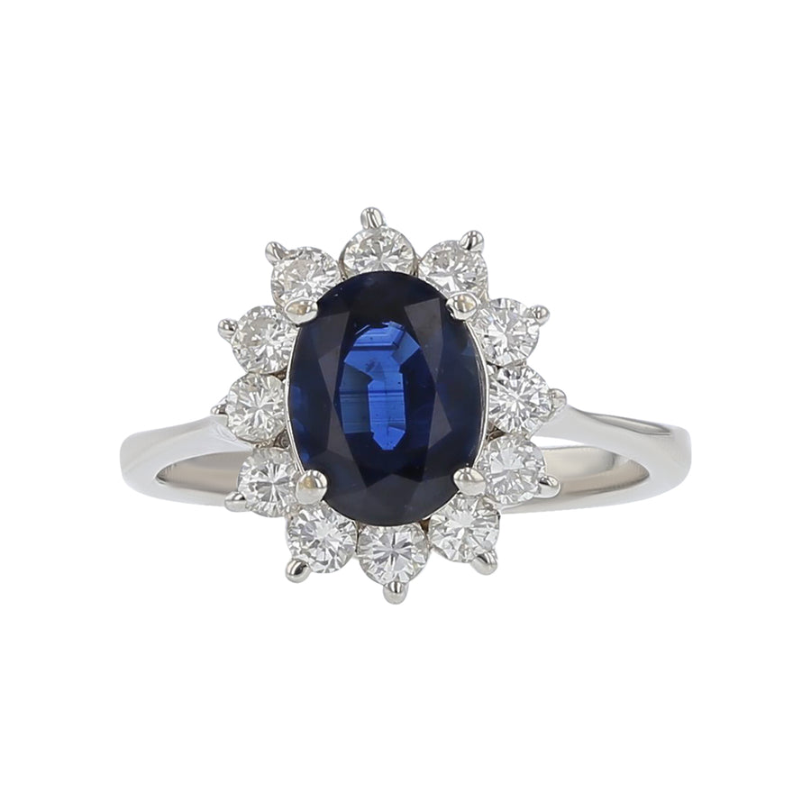 Sapphire and Diamond Halo Ring in 18K White Gold, Size 6.25