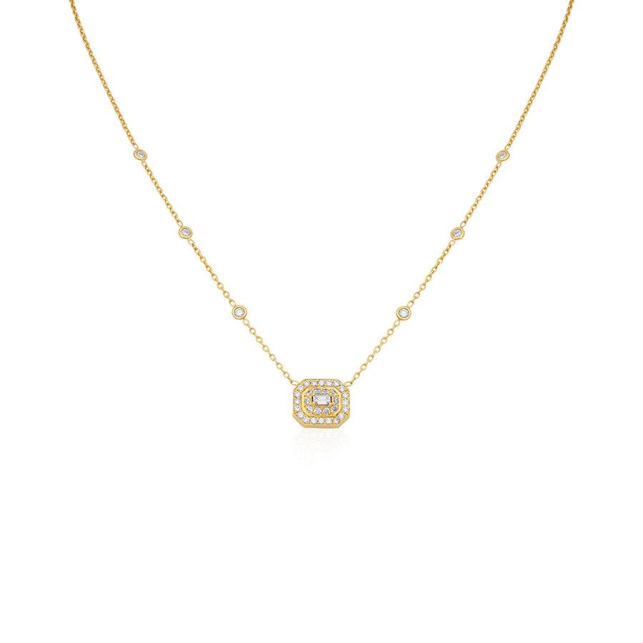 0.95ct Diamond Double Halo and Eyelet Station Necklace in 18K Yellow Gold, 18"