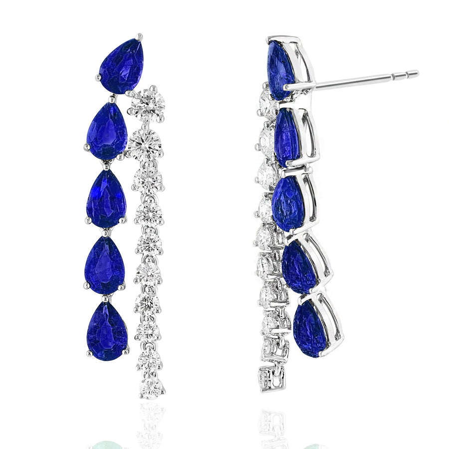 5.22ct Pear Shape Sapphire and 1.39ct Diamond Drop Earrings in 18K White Gold