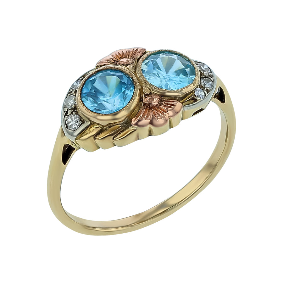 Art Deco 2.50ct Round Blue Zircon and 0.12ct Diamond Ring in 14K Yellow Gold, size 9