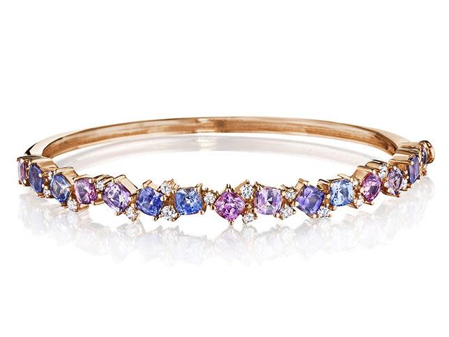 Confetti 6.20ct Cushion Cut Rainbow Sapphire and 0.52ct Diamond Bangle Bracelet in 18K Rose Gold