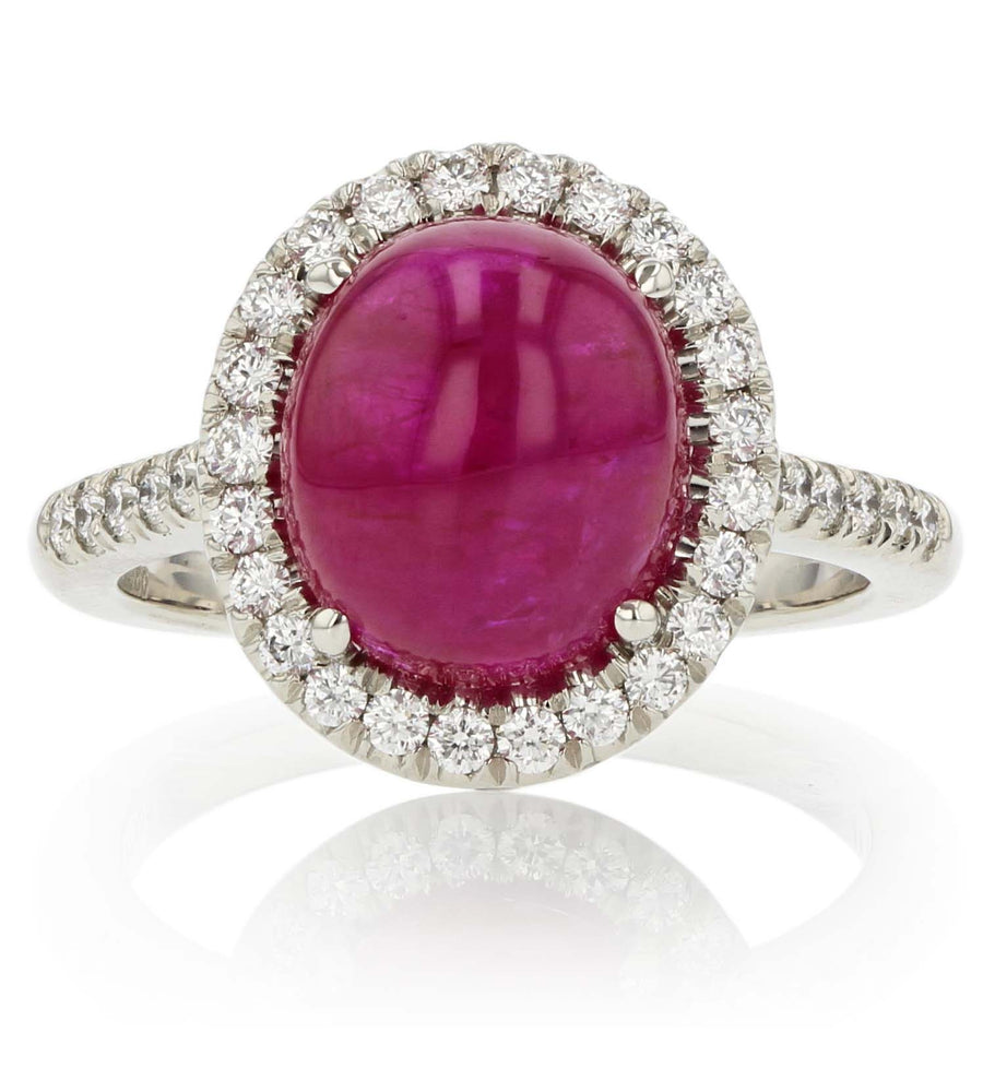 Ruby and Diamond Halo Ring in Platinum, Size 6.5
