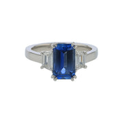 1.66ct Emerald Cut Mozambique Aquamarine and 0.53ct Diamond 3 Stone Ring in Platinum, Size 6