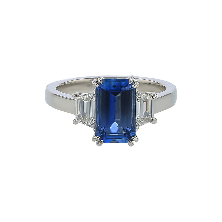 1.66ct Emerald Cut Mozambique Aquamarine and 0.53ct Diamond 3 Stone Ring in Platinum, Size 6