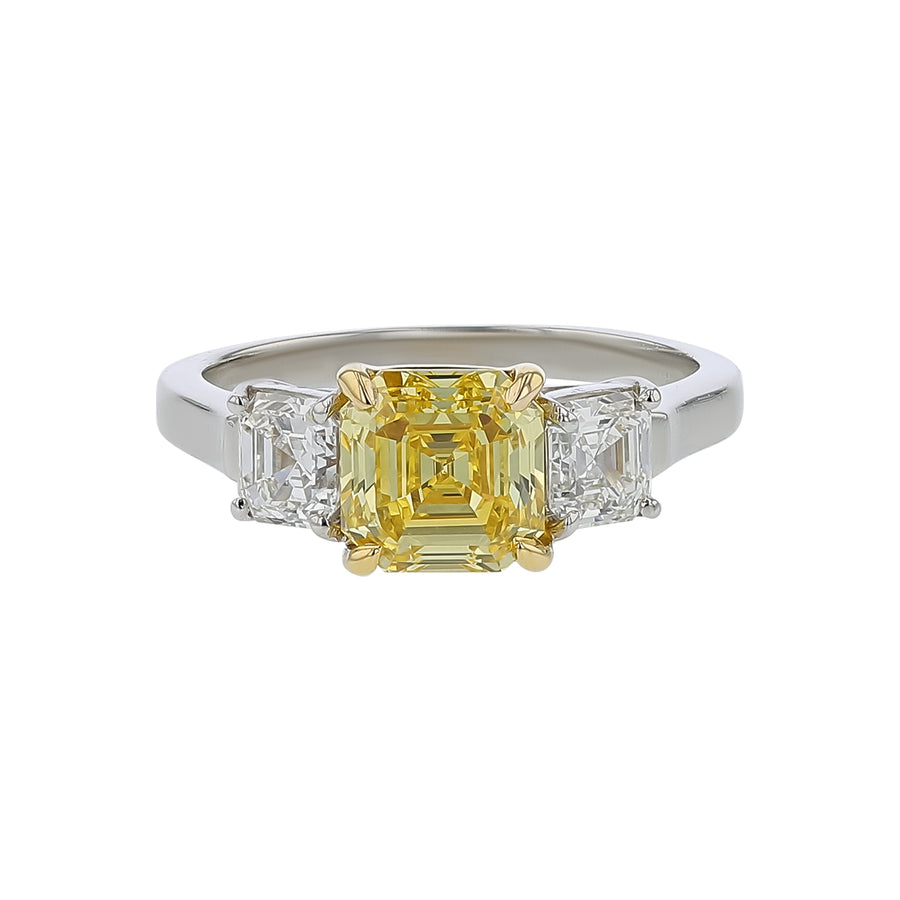 2.06ct Asher Yellow Diamond and 0.91ct Diamond 3 Stone Ring in Platinum and 18K Yellow Gold, size 6.5