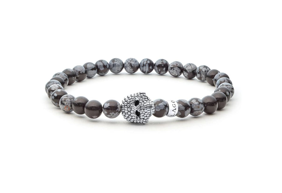 Signature Caviar Anthem Snowflake Obsidian Skull Stretch Bracelet with Sterling Silver, Size 8