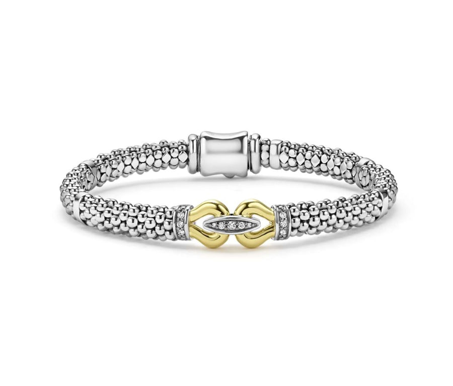 Derby 0.09Ct Diamond Caviar Buckle Bracelet in Sterling Silver and 18K Yellow Gold, Size 7