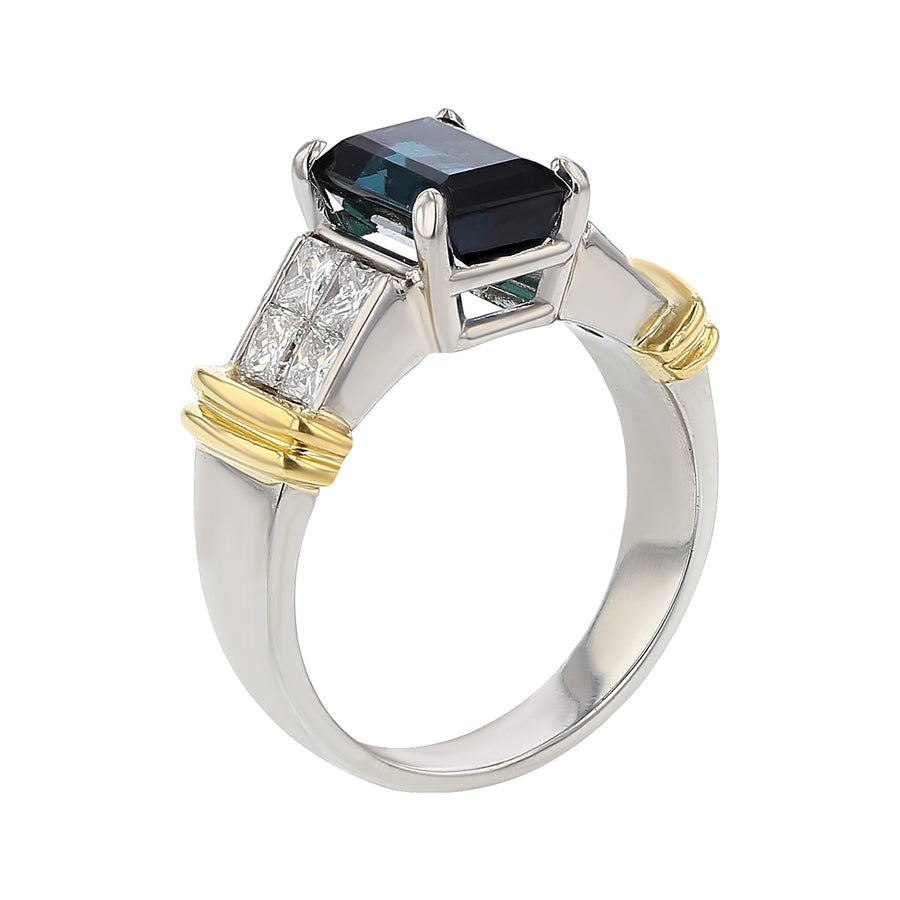 2.05ct Emerald Cut Brazilian Indicolite Tourmaline and 0.72ct Invisi-set Diamonds Ring in Platinum and 18k Yellow Gold Size 6