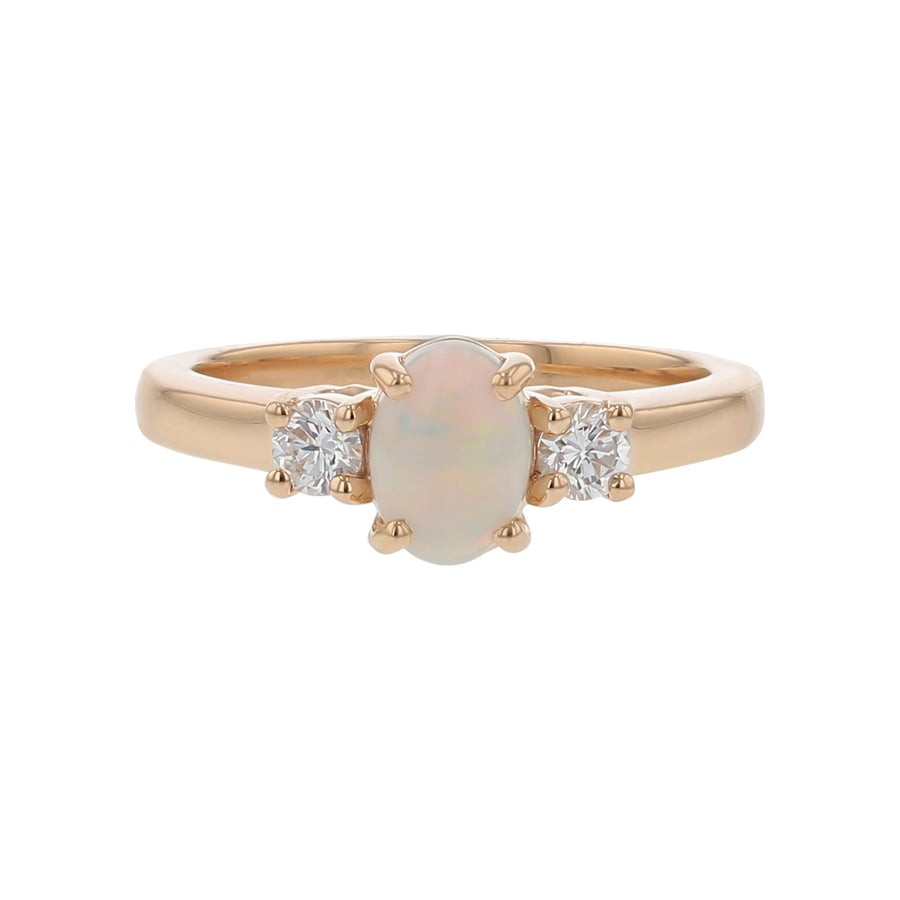 0.52ct Cabochon Australian White Opal and 0.23ct Full Cut Diamond 3 Stone Ring in 14k Yellow Gold, Size 6