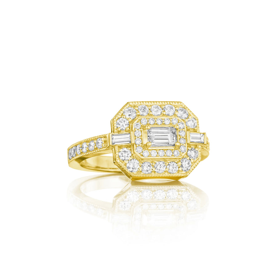 The New Rendition 1.01ct Round and Emerald Cut Diamond Double Halo Ring in 18K Yellow Gold, size 6.5