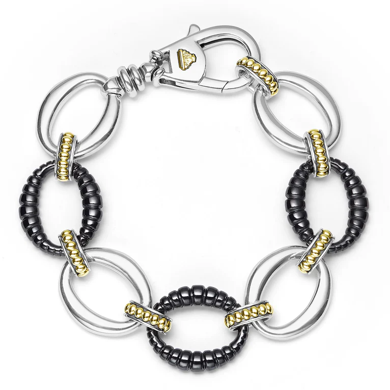 Black Caviar 18mm Ceramic Fluted Link Bracelet in Sterling Silver and 18K Yellow Gold, size 7