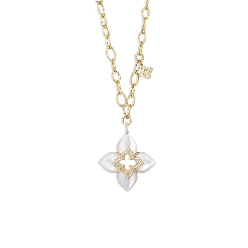 Venetian Princess 0.47ct Diamond and Mother of Pearl Flower Pendant Necklace in 18K Yellow Gold, 17"
