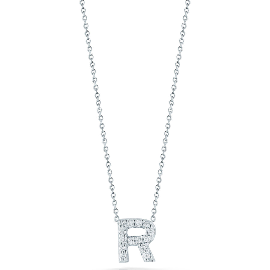Tiny Treasures Diamond Love Letter "R" Pendant in 18K White Gold, Adjustable Chain