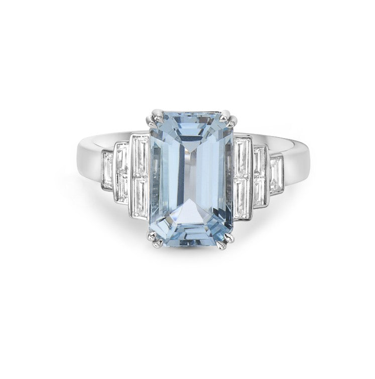 Pastel 2.67ct Emerald Cut Aquamarine and 0.48ct Baguette Diamond Ring in 18K White Gold, size 6.5