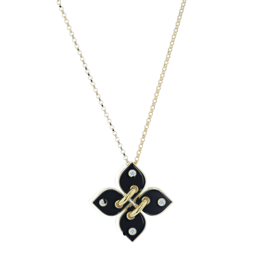 Venetian Princess Flower 0.10ct Diamond Necklace in 18K Yellow Gold Ceramic and Black Enamel