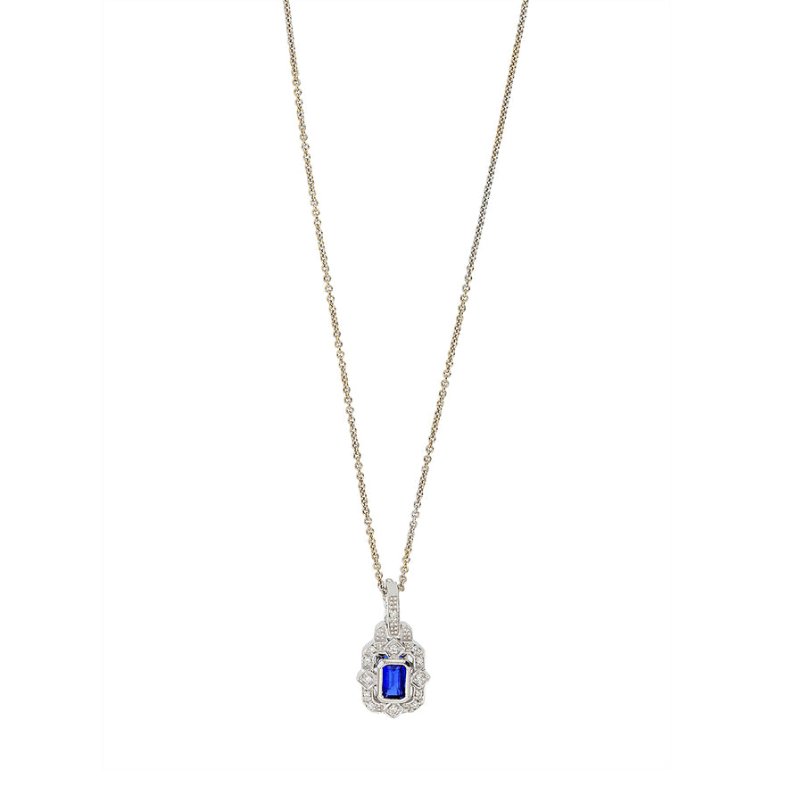Emerald Cut Sapphire and 0.07ct Diamond Pendant in 14K White Gold on 18in Cable Chain