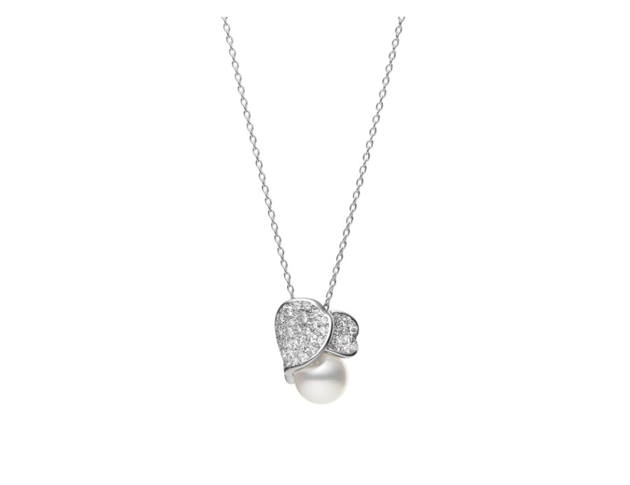 Les Pétales Akoya A+ 8mm Pearl and 0.44ct Diamond Pendant in 18K White Gold, 18" chain
