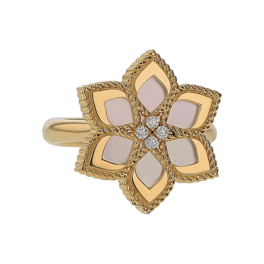 Vernazza 0.04ct Diamond and Mother of Pearl Daisy Ring in 18K Yellow Gold, size 6.5