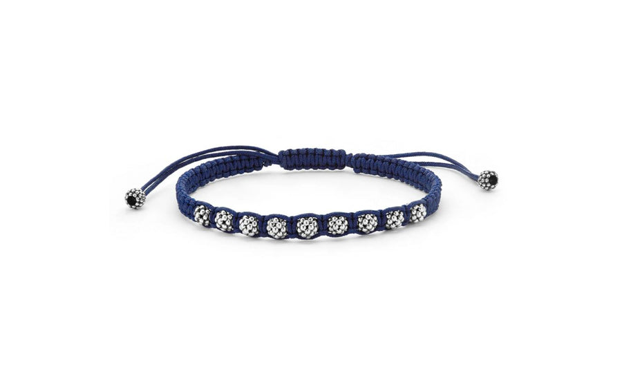 Anthem Navy Blue Macrame Caviar Ball Rope Bracelet in Sterling Silver, Size 8