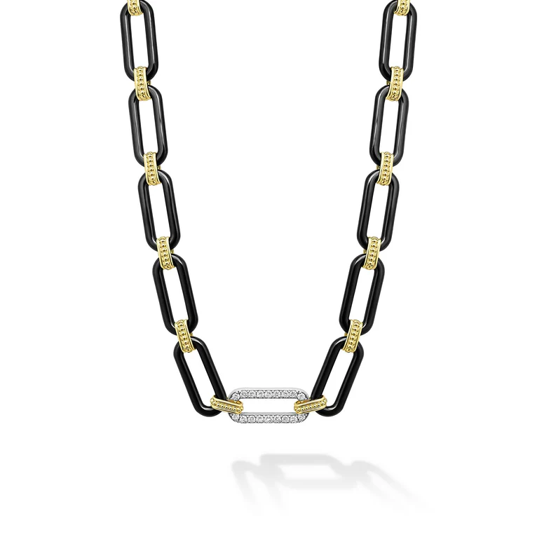Caviar Black Ceramic and Diamond 20mm Oval Link 18" Necklace in 18k Yellow and White Gold  With Toggle Clasp