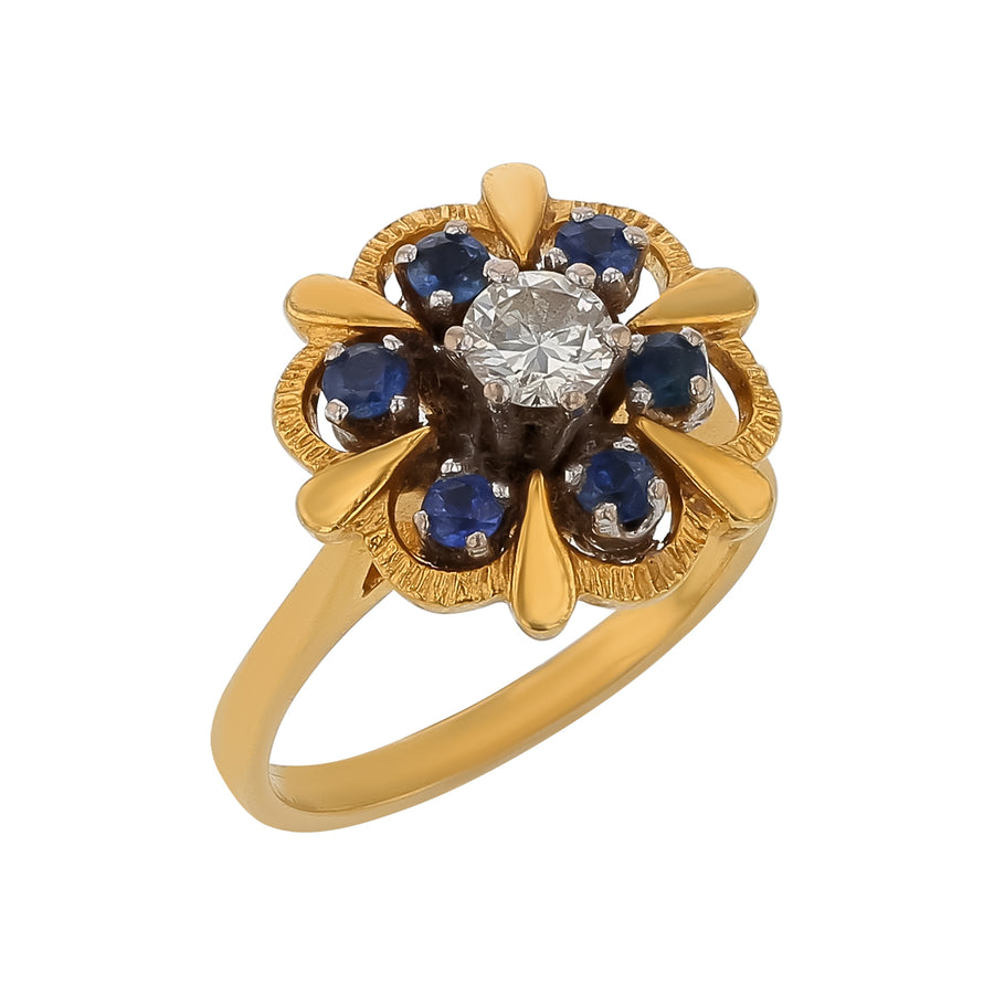 Retro 0.40ct Diamond and 0.54ct Sapphire Flower Halo Ring in 18K Yellow Gold, size 7.5