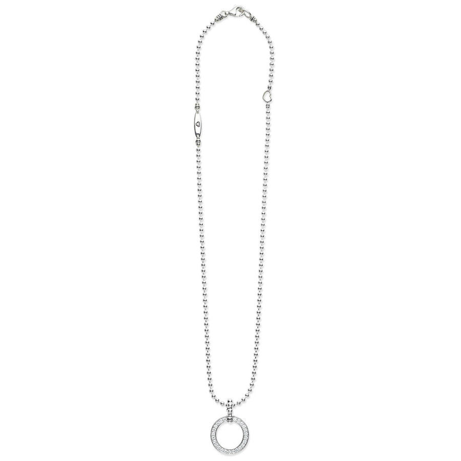 Diamond Caviar Spark Circle Pendant in Sterling Silver, Adjustable Chain