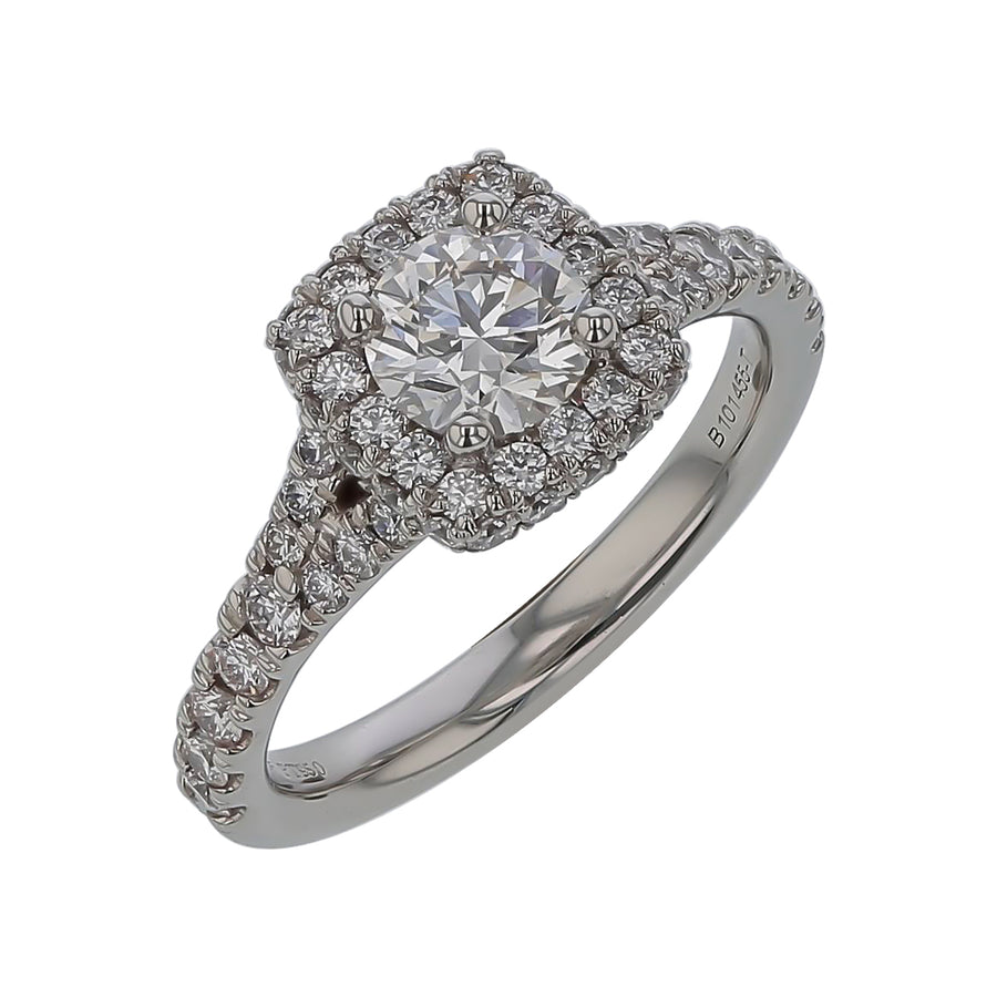 Acclaim Round Brilliant Diamond and Diamond Halo Ring in Platinum, Size 6.5