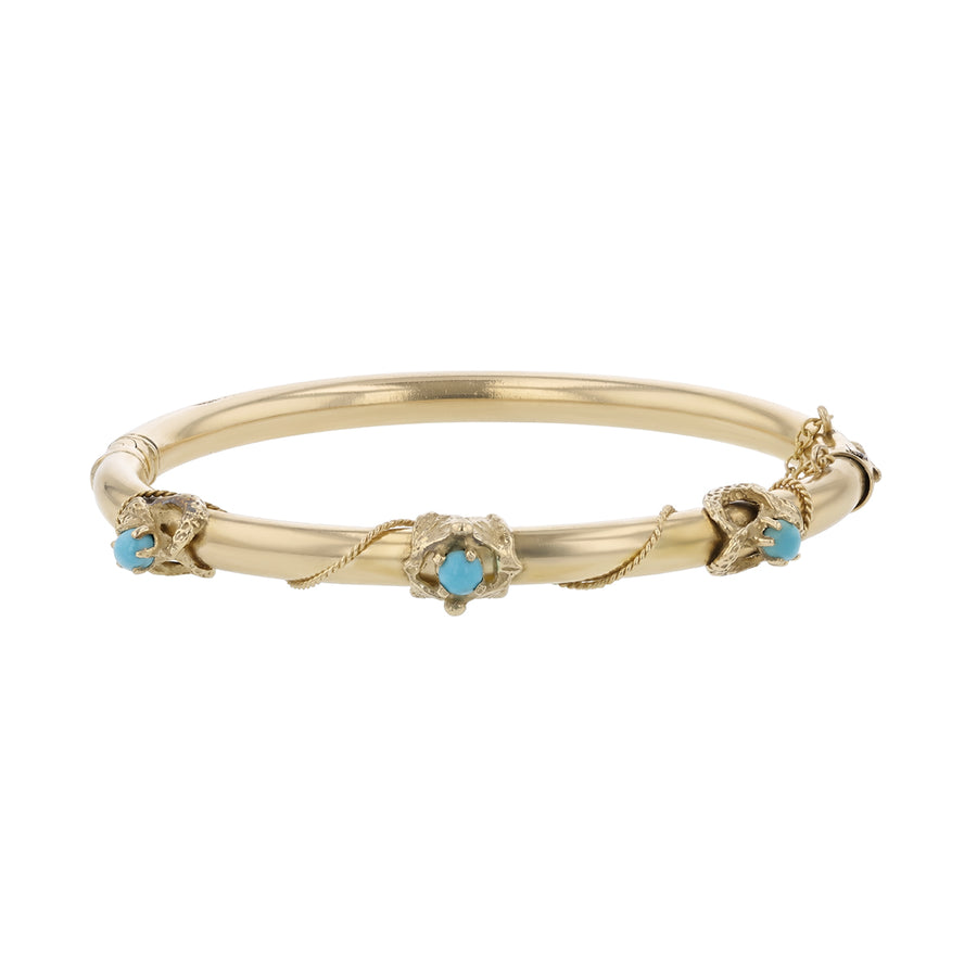Turquoise Hollow Bangle Bracelet in 14K Yellow Gold, 7"